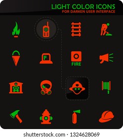 Fire-brigade easy color vector icons on darken background for user interface design
