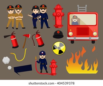 Fire-Brigade, Firefighters Characters and Vector Elements Set