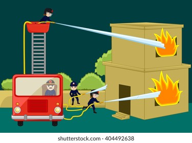 Fire-Brigade Team Trying to Rescue Burning House