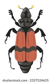 Firebug or Pyrrhocoris apterus with red body and legs, antenna on head and colorful wings. Isolated bug or beetle, nature and wilderness fauna. Zoology and animal world. Vector in flat style