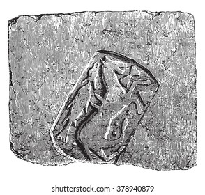 Fireclay tile very hard, found in excavations of the abbey of Sainte Colombe les Sens, Yonne, Ninth century, vintage engraved illustration. Magasin Pittoresque 1873.