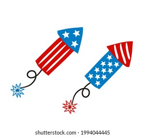 Firecracker by July 4th in national colors of United States of America. Petard for USA Independence or Election Day. Hand drawn Vector illustration for a festive decoration in doodle style.