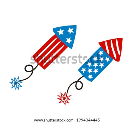 Firecracker by July 4th in national colors of United States of America. Petard for USA Independence or Election Day. Hand drawn Vector illustration for a festive decoration in doodle style.