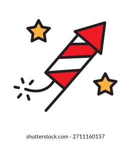 Firecracker colorful icon with editable stroke and spark explosion. Minimal festive pictogram for Christmas, New Year, party invitations, web, apps and celebration designs.