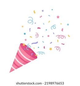 Disparador y confeti para la celebración. Icono de Confetti. Aislado en el fondo blanco para el presente, decoración, cumpleaños, fiesta. Ilustración vectorial. Estilo plano