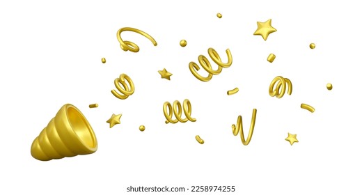 Firecracker explosion with golden confetti. 3D party popper decorated different confetti elements stars, twists, spirals. Vector illustration