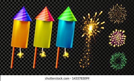 Firecracker And Festive Firework Light Set Vector. Collection Of Colorful Firecracker, Rocket Petard And Stars Bright Decoration. New Year Or Birthday Celebration Carnival Realistic 3d Illustration