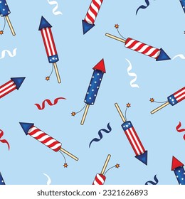 Firecracker and firework on blue background pattern vector graphic. American flag Pattern. 4th of july seamless pattern. American independence day seamless pattern.