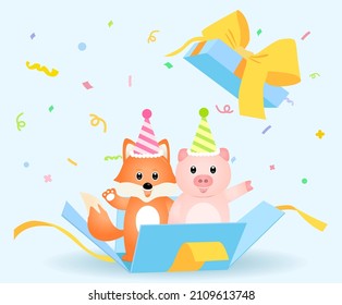 firecracker gift box with kindergarten birthday party card illustration set. cute animal, confetti, celebration. Vector drawing. Hand drawn style.