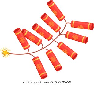Firecracker group on burning rope. Festive explosive cartoon icon isolated on white background