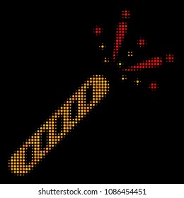 Firecracker halftone vector pictogram. Illustration style is dotted iconic firecracker icon symbol on a black background. Halftone matrix is circle elements.