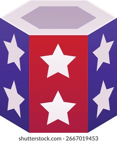 Forma de hexágono de foguete pintado com estrelas, a bandeira da América. Fogos de artifício. TNT, bomba. Vetor plana festival celebração equipamento brinquedo explosivo, ferramenta pirotécnica