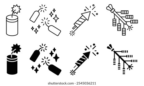Icono de petardo colección sobre fondo blanco