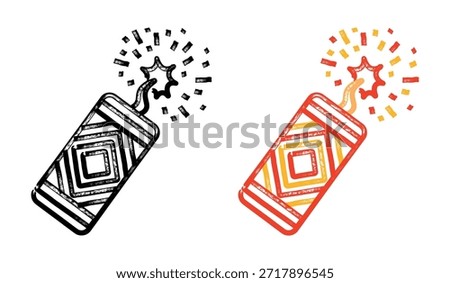Firecracker icon marker pencil hand drawn chalk drawing. Petard in sketch line style. Single exploding firecracker with sparks and dynamic strokes. Vector illustration isolated.