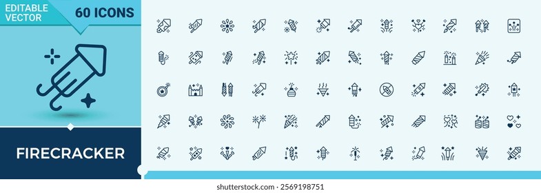 Firecracker icons set in linear style. Includes icons for festive, graphic, Fireworks, element, spark and more. Pixel perfect. Editable vector icon and illustration.