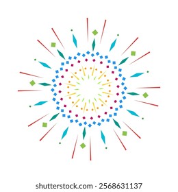 Firecracker inspired colorful flare with spark rays. Radiant explosion design featuring a vibrant sunburst. Abstract graphic isolated on a white background