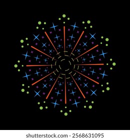 Firecracker inspired spark outbreak featuring radiant colorful light. Circular burst flare with shining fireworks effect. Abstract design on black background