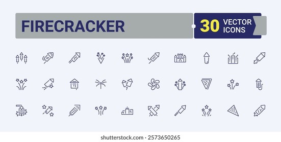 Firecracker isolated icon set. Containing chinese, explosion, banner, burst, shine, rocket and more. Perfect for logos and infographics. Editable vector stroke.