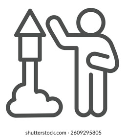 Firecracker rocket launch and man line icon, happy christmas concept. Vector graphics. Fireworks with human sign on white background, outline style icon for mobile or web design