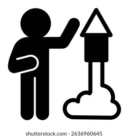 Firecracker rocket launch and man solid icon, happy christmas concept. Vector graphics. Fireworks with human sign on white background, style mobile or design