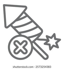 Firecracker rocket stick ban line icon, prohibited items concept. Vector graphics. Fireworks burning forbidden sign on white background, outline style icon for mobile or web design