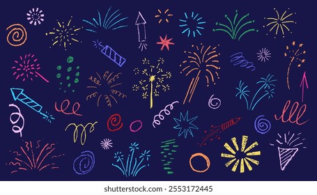 Firecracker, spiral, circles chalk kid drawings set, brush strokes texture, vector illustration isolated on dark background.