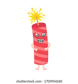 Firecracker vector cartoon illustration. Hand drawn comic mascot logo, burning sparkling dynamite with crazy laughing face. Isolated.
