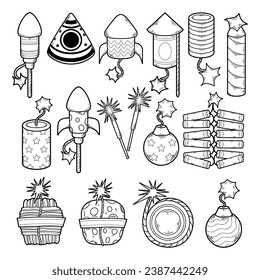 Firecracker vector hand-drawn outline sketch illustration set