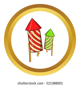 Firecracker vector icon in golden circle, cartoon style isolated on white background