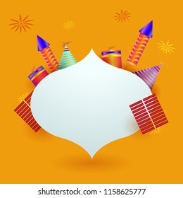 Firecrackers with abstract blank frame on yellow background and space for your message.