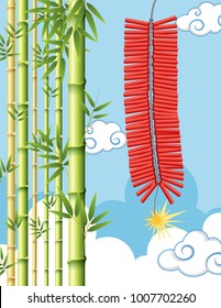 Firecrackers and bamboo tree in sky illustration