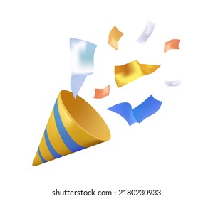 Firecrackers and confetti 3D icon. Party Sale advertising banner. Present, decoration, birthday, commemoration icon. Vector illustration. Render 3D icon UI. Party Cone Popper.