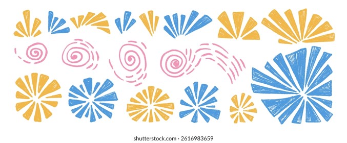 Firecrackers crayon set. Festive firework icons isolated on white background. Doodle silhouette comets collection. Splash and circle flash. Vector hand drawn illustration.