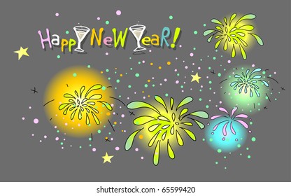 petardos y feliz texto de año nuevo, caricatura tarjeta de saludo