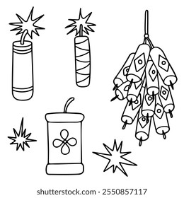 Firecrackers Icon Set. Black line contour elements isolated on a white background. Simple flat doodle design. Chinese style. New year, Celebration, Festival, Greeting cards, holiday decor, print, etc