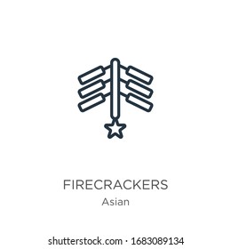 Firecrackers icon. Thin linear firecrackers outline icon isolated on white background from asian collection. Line vector sign, symbol for web and mobile