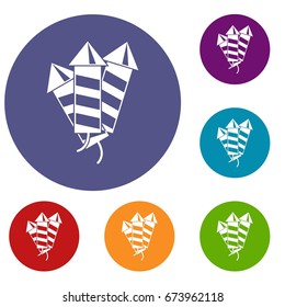 Firecrackers icons set in flat circle reb, blue and green color for web