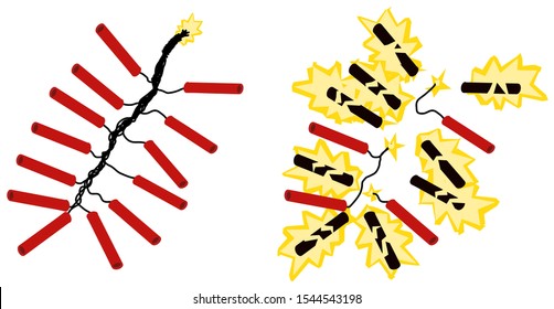 Firecrackers on string exploding, vector cartoon illustration design element horizontal, over white, isolated
