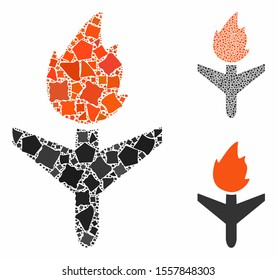 Fired aircraft composition of rough elements in various sizes and color tinges, based on fired aircraft icon. Vector bumpy items are composed into collage.