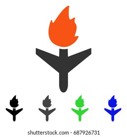 Fired Aircraft flat vector illustration. Colored fired aircraft gray, black, blue, green icon variants. Flat icon style for graphic design.