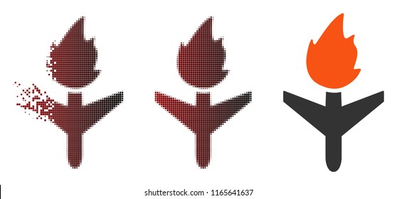 Fired aircraft icon in fractured, pixelated halftone and undamaged whole variants. Particles are composed into vector sparkle fired aircraft icon.