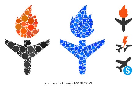 Fired aircraft mosaic of circle elements in various sizes and color tones, based on fired aircraft icon. Vector circle elements are composed into blue illustration.