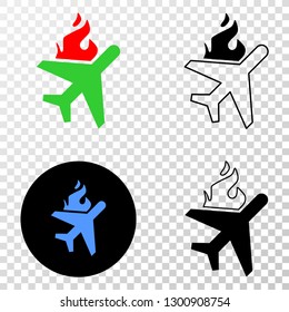 Fired airplane EPS vector icon with contour, black and colored versions. Illustration style is flat iconic symbol on chess transparent background.