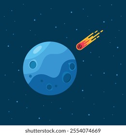 Fired Asteroid In Collision With Planet. Meteor impact on blue planet. Vector illustration