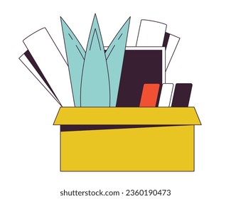 Fired box flat line color isolated vector object. You are fired. Belongings in box. Dismissal day. Editable clip art image on white background. Simple outline cartoon spot illustration for web design