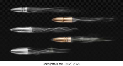 Fired bullets with smoke traces isolated on transparent background. Vector realistic set of 3d metal and brass bullets different calibers with motion effect of shot from weapon, revolver or pistol