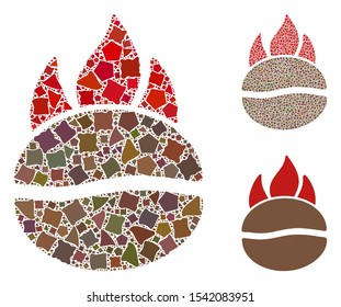 Fired coffee bean mosaic of uneven elements in different sizes and color hues, based on fired coffee bean icon. Vector ragged elements are composed into collage.
