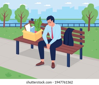 Fired depressed man flat color vector illustration. Discharged worker sit on bench with cardboard box with stuff. Sad laid off employee 2D cartoon character with cityscape on background