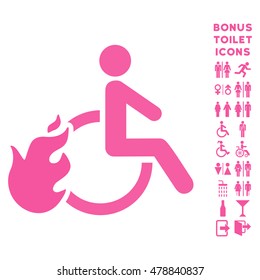 Fired Disabled Person icon and bonus male and woman lavatory symbols. Vector illustration style is flat iconic symbols, pink color, white background.