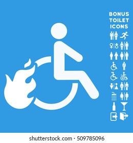 Fired Disabled Person icon and bonus male and lady restroom symbols. Vector illustration style is flat iconic symbols, white color, blue background.